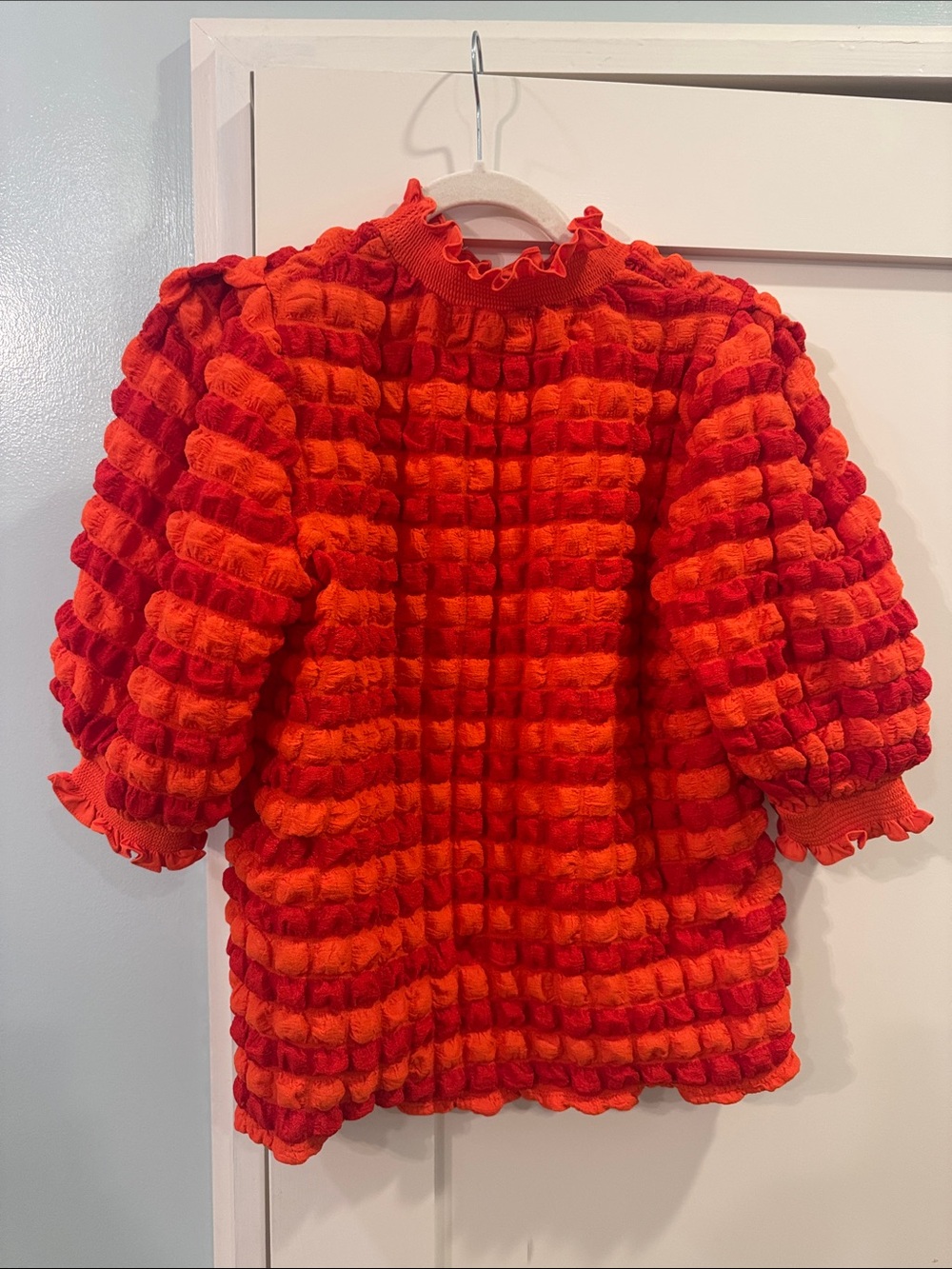 Anthropologie Bright Red Bubble-Knit Ruffle Pullover - Picture 3 of 3